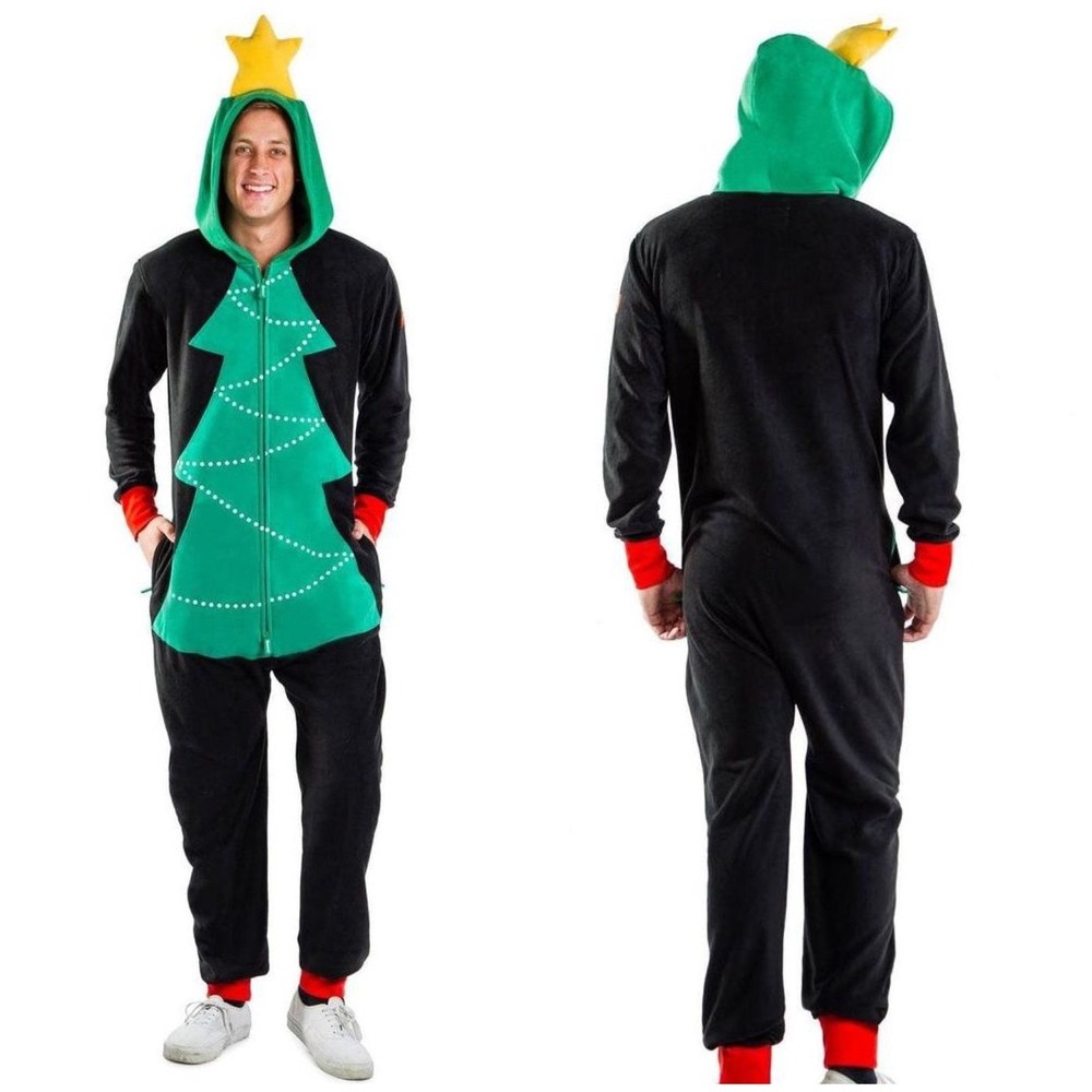 Tipsy Elves Christmas Tree One Piece Pajamas Hooded Black Green Star Large